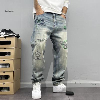 Retro Street Style Men's Loose Washed Straight-Leg Jeans with Personality Print