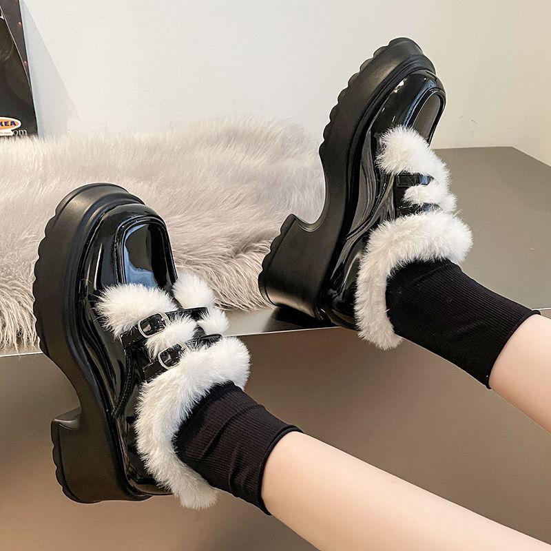 Women's Furry Thick Sole Loafers 2025 Winter Chunky Sole Cotton Lined Warm Shoes Height Increase Fashion Footwear