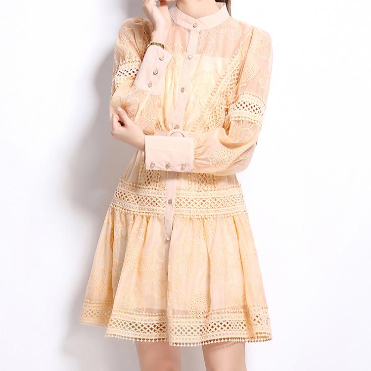 Wiosna Jesień Kobiety Eleganckie Sukienki Party Koronka Kwiatowa Haft ażurowy z Paskiem