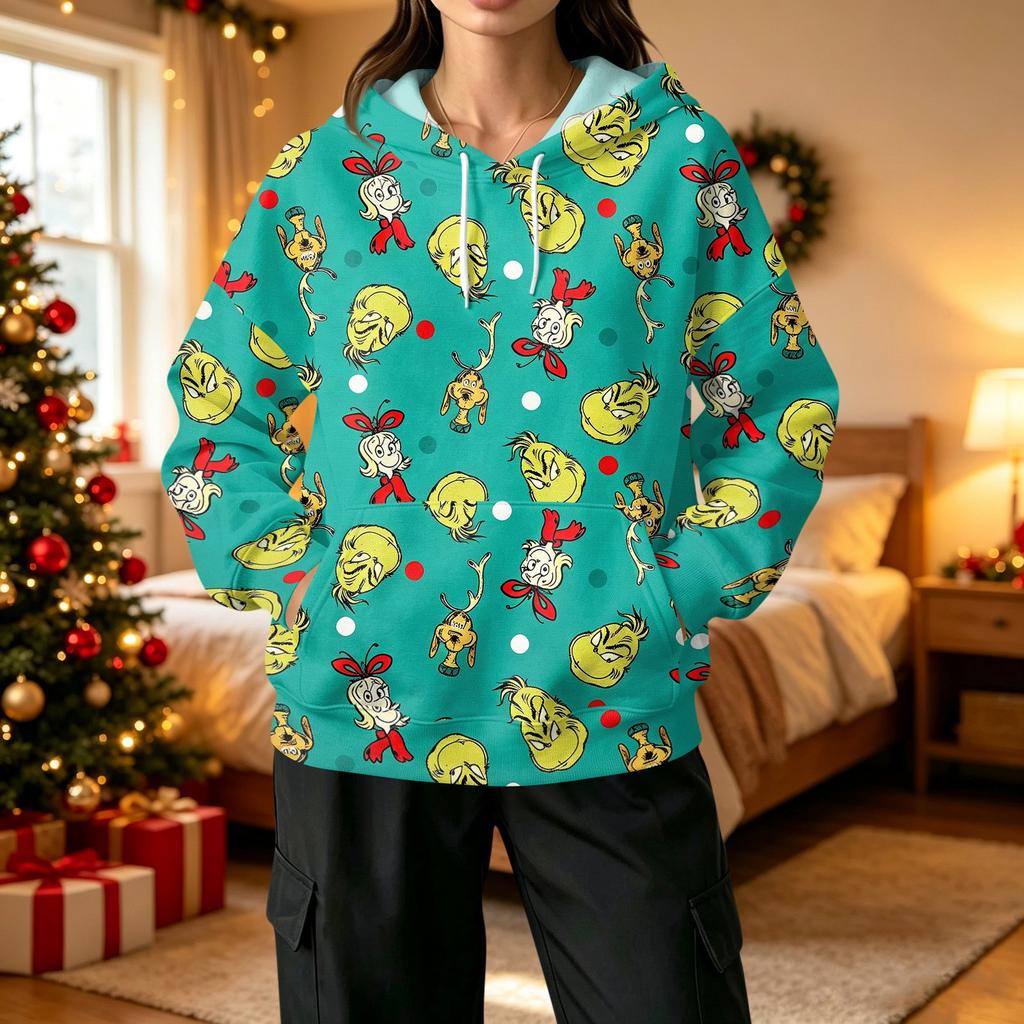 Women's Fashion Casual Christmas Print Hooded Sweatshirt with Pockets