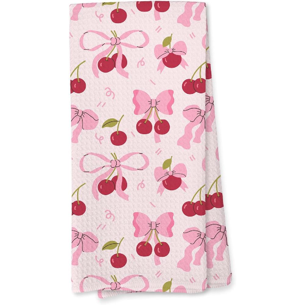 Giosve Pink Bow Cherry Kitchen Towels, Preppy Coquette Bow Hand Towels for Bathroom, Pink Cherry Dish Tea Towels for Kitchen Decor, Coquette Girly