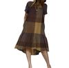 Plaid Round Neck Cotton Linen Ruffle Midi Dress - Short Sleeve Women's Style 8893