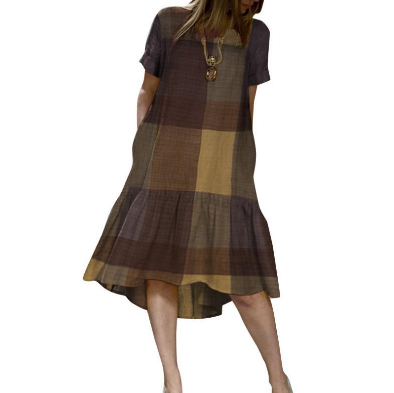 Plaid Round Neck Cotton Linen Ruffle Midi Dress - Short Sleeve Women's Style 8893