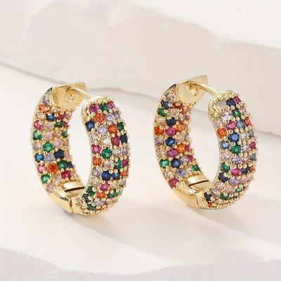 Luxurious Exquisite Inlaid Colored Synthetic Zircon Round Hoop Earrings Women Classic  Party Festival Jewelry Accessories