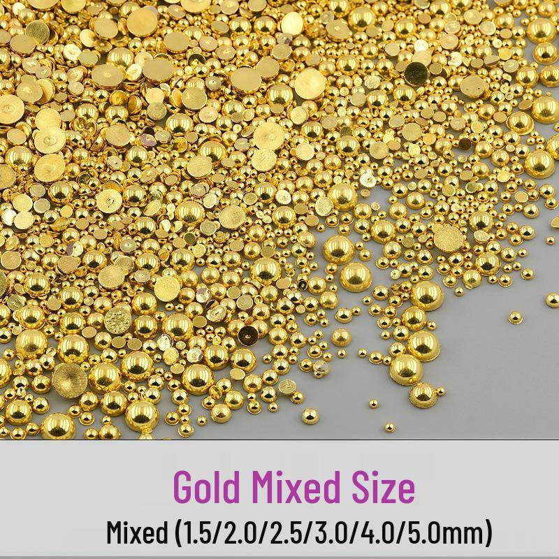 Mixed Mini Nail Art Pearls: Gold & Silver Half-Face Decorative Flat Bottom Pearl Accessories for DIY Nails