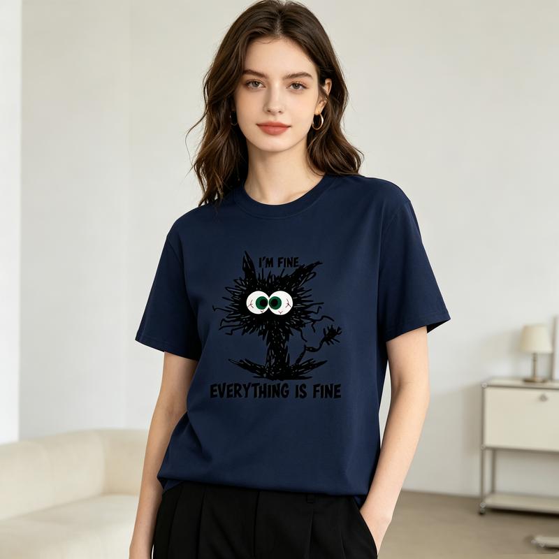 Im Fine Everything Is Fine Graphic T Shirt Funny Cat Print Unisex Soft Cotton Crew Neck Short Sleeve Trendy Casual Tops
