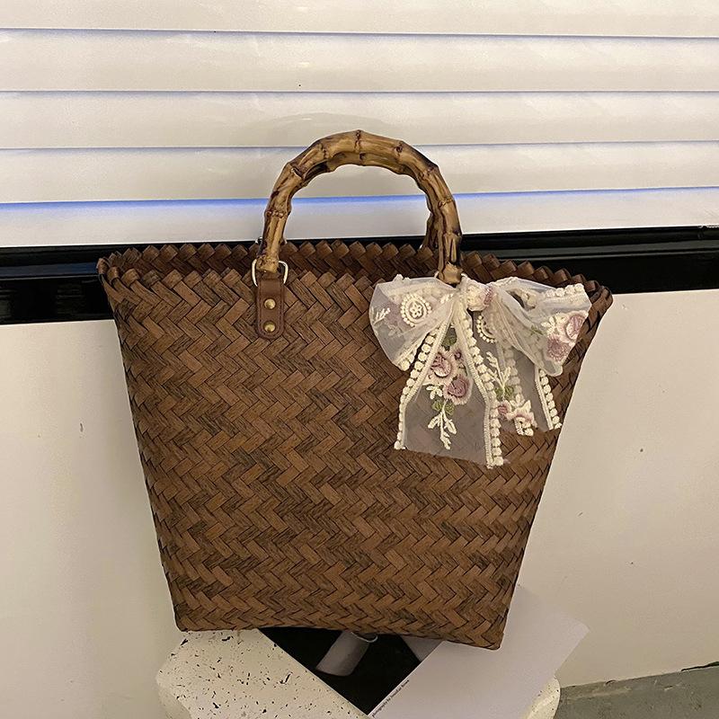Yogodlns Borsa a mano da donna in paglia intrecciata, casual, fatta a mano, con design cavo in rattan, stile bohémien, per la spesa estiva da viaggio e da spiaggia