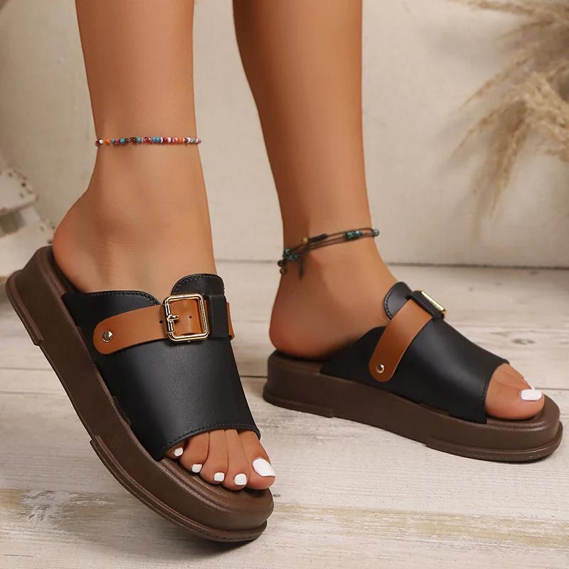 Fashion Pu Leather Platform Slippers Women Summer Fashion Buckle Thick Bottom Sandals Woman 2025 Square Toe Med Heels Sandalias Mujer