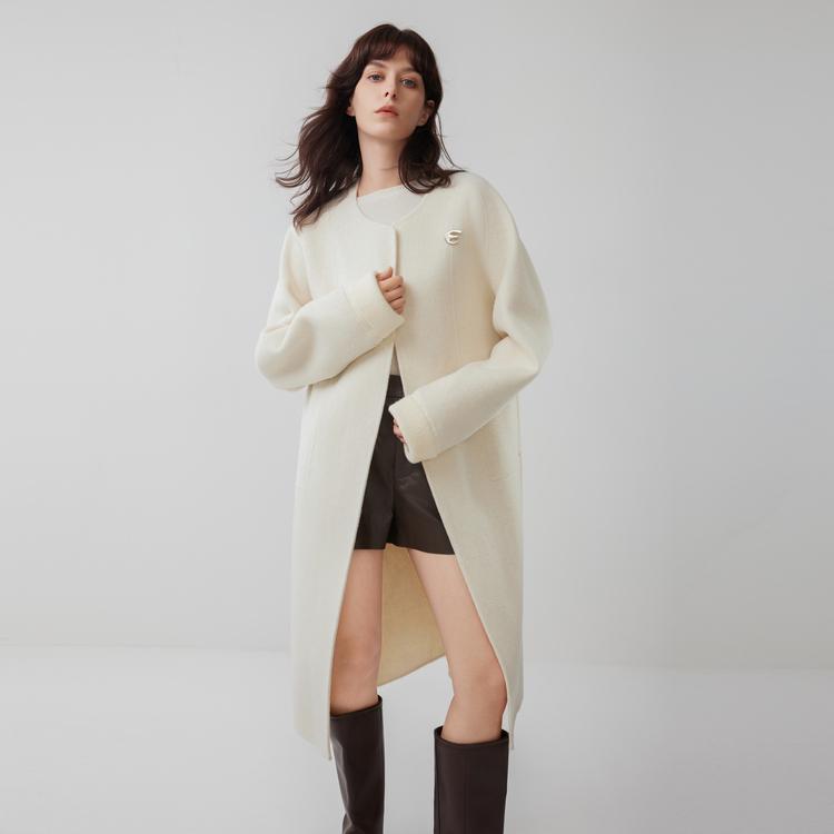 ELLE French Style Patchwork Fashion Design Sheepskin Casual Loose Versatile Comfortable Long Sleeve Double-Sided Woolen Elegant Coat EN52133