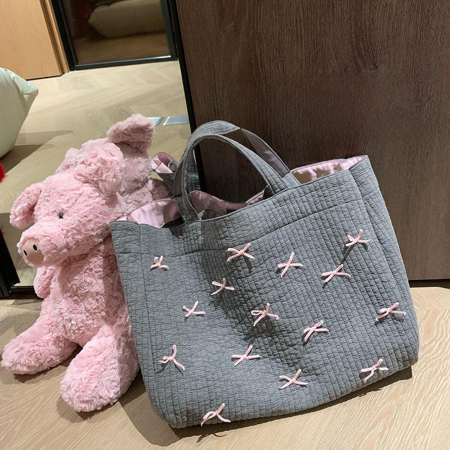 Large Capacity Grey Tote Bag Women Harajuku Bow Chic Canvas Handbag Messenger Bag Ladies Casual Crossbody Bags Aesthetic