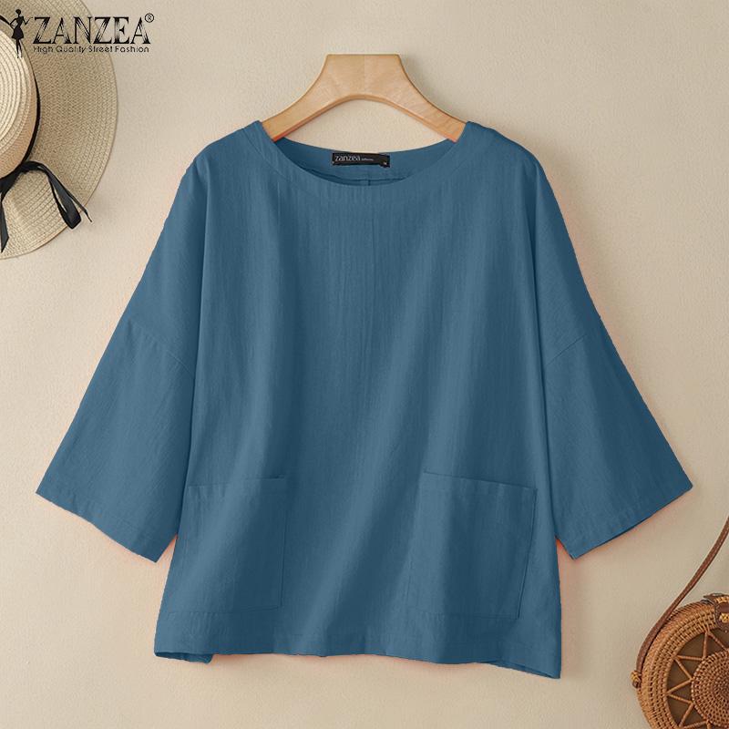 ZANZEA Women Casual Round Neck Solid Color 3/4 Sleeve Loose Blouse