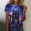 Women's T-shirt Casual 3D Printed Top Night Cat Cartoon T-shirt T-shirt
