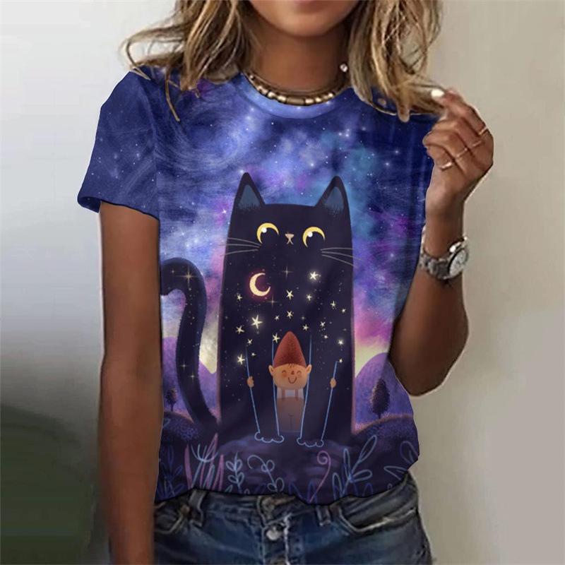 Women's T-shirt Casual 3D Printed Top Night Cat Cartoon T-shirt T-shirt