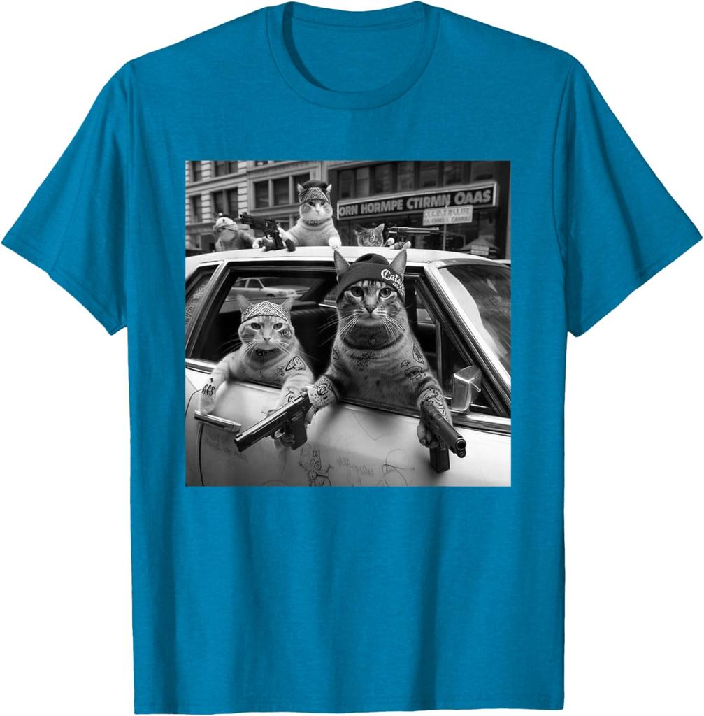 Print Gangster Cats Graphic Tee Men's Funny Street Style Oversized T-Shirt Casual Daily Print Round Neck