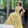 Spring and Summer Seaside Vacation Yellow Hollow Suspender Temperament Dress Waist Thin Beach Long Skirt
