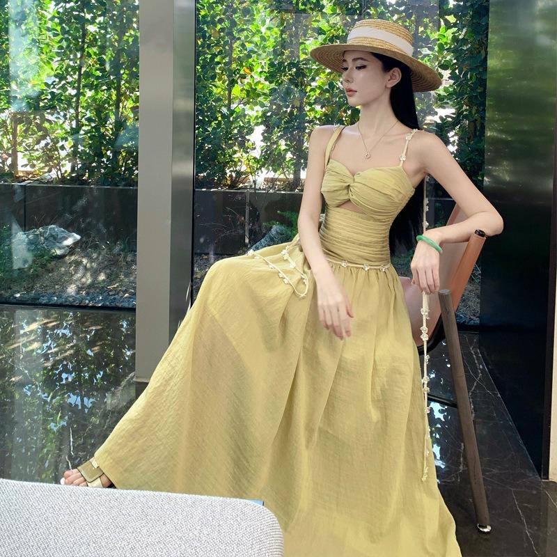 Spring and Summer Seaside Vacation Yellow Hollow Suspender Temperament Dress Waist Thin Beach Long Skirt