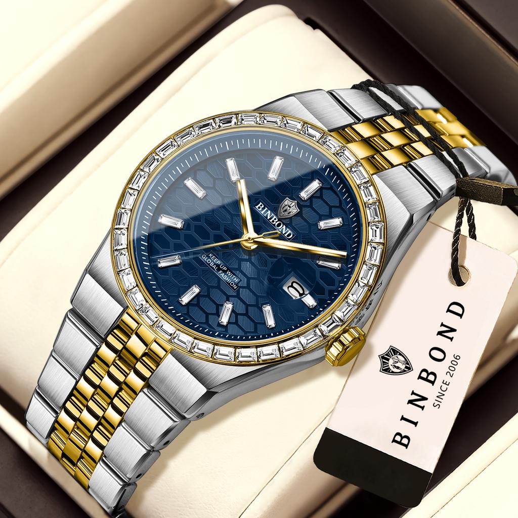 BINBOND Waterproof Precise Auto Date Men's Watch Quartz Watches For Men Luxury Stainless Steel Durable Luminous Casual Reloj