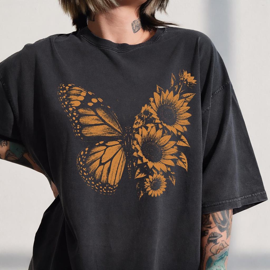 Sunflower Butterfly Shirt, Cottagecore Nature Tee, Vintage Botanical Graphic Top, Floral Garden Lover Gift, Wildflower Aesthetic Apparel