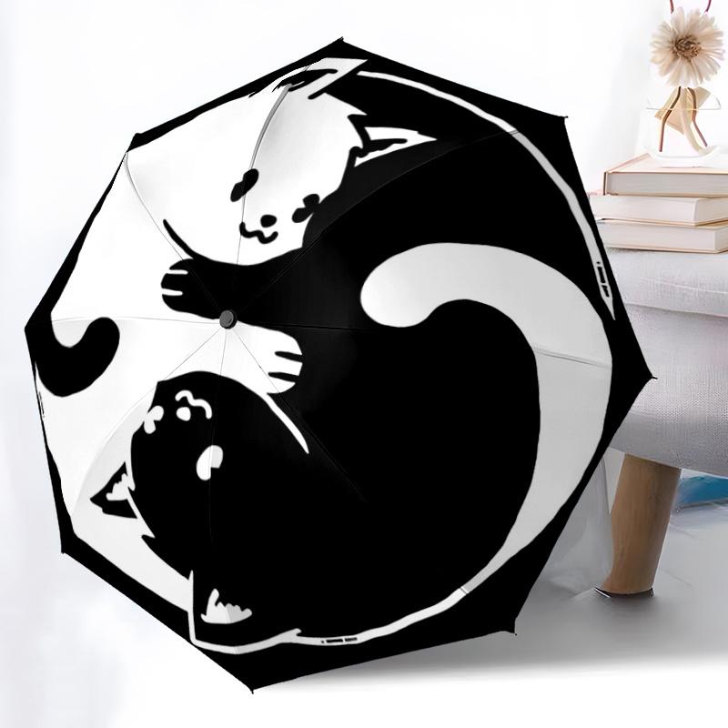1pc Yin and Yang White Cat and Black Cat Automatic Opening and Closing Cartoon Practical Umbrella - Small Umbrella Suitable for Various Occasions A094
