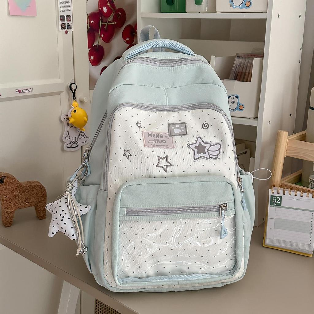 Schoolbag peach powder spell white stars embroidery soft girl schoolbag two-dimensional DIY transparent window design atmosphere sweet backpack