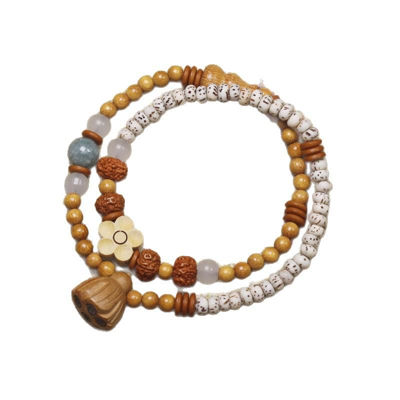 Green Sandalwood Chinese Style Double Loop Bracelet, Flower & Bodhi Prayer Beads Mala, Jewelry & Gift for Women