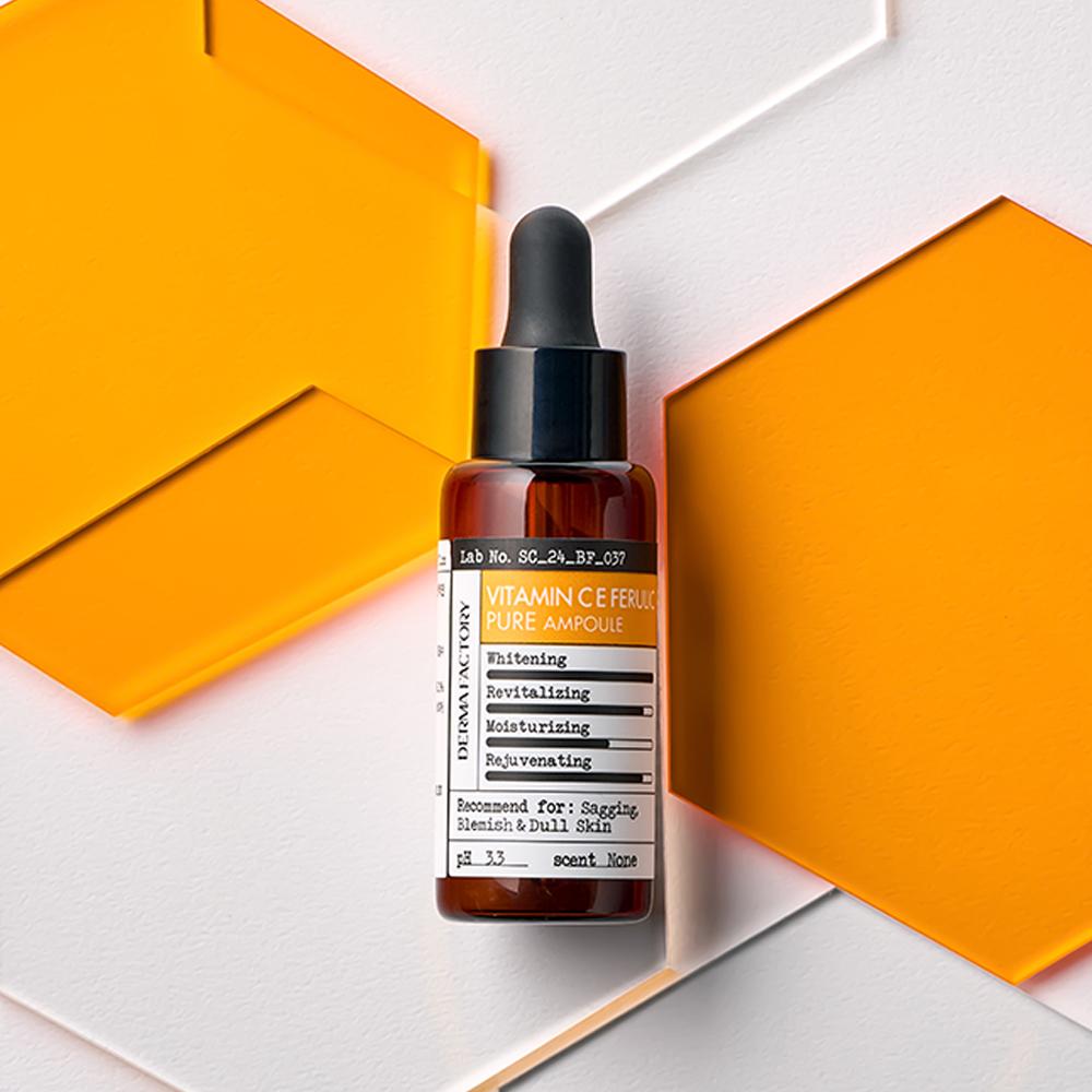 Derma Factory Pure Vitamin C E Ferulic Ampoule 22ml – Brightening Care, Tone-Up & Radiance Boosting Serum, Korean