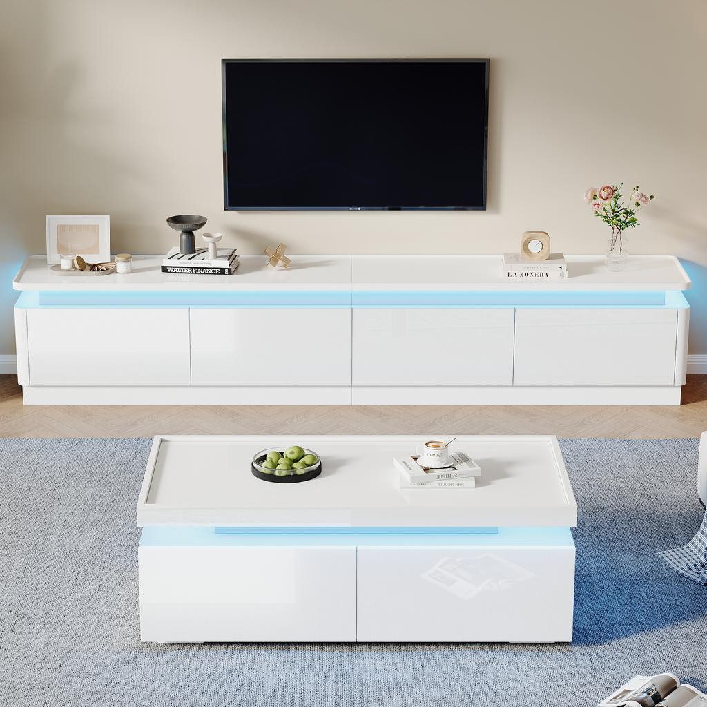 Modern, Minimalist, White High-Gloss TV Cabinet-Coffee Table Combination: with LED Lights + 4 Drawers, Suitable for 75-Inch TVs
