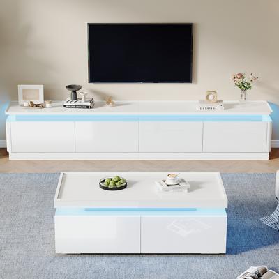 Mueble de TV-Mesa de Café Moderna, Minimalista, de Alto Brillo Blanco: con Luces LED + 4 Cajones, Adecuado para Televisores de 75 Pulgadas