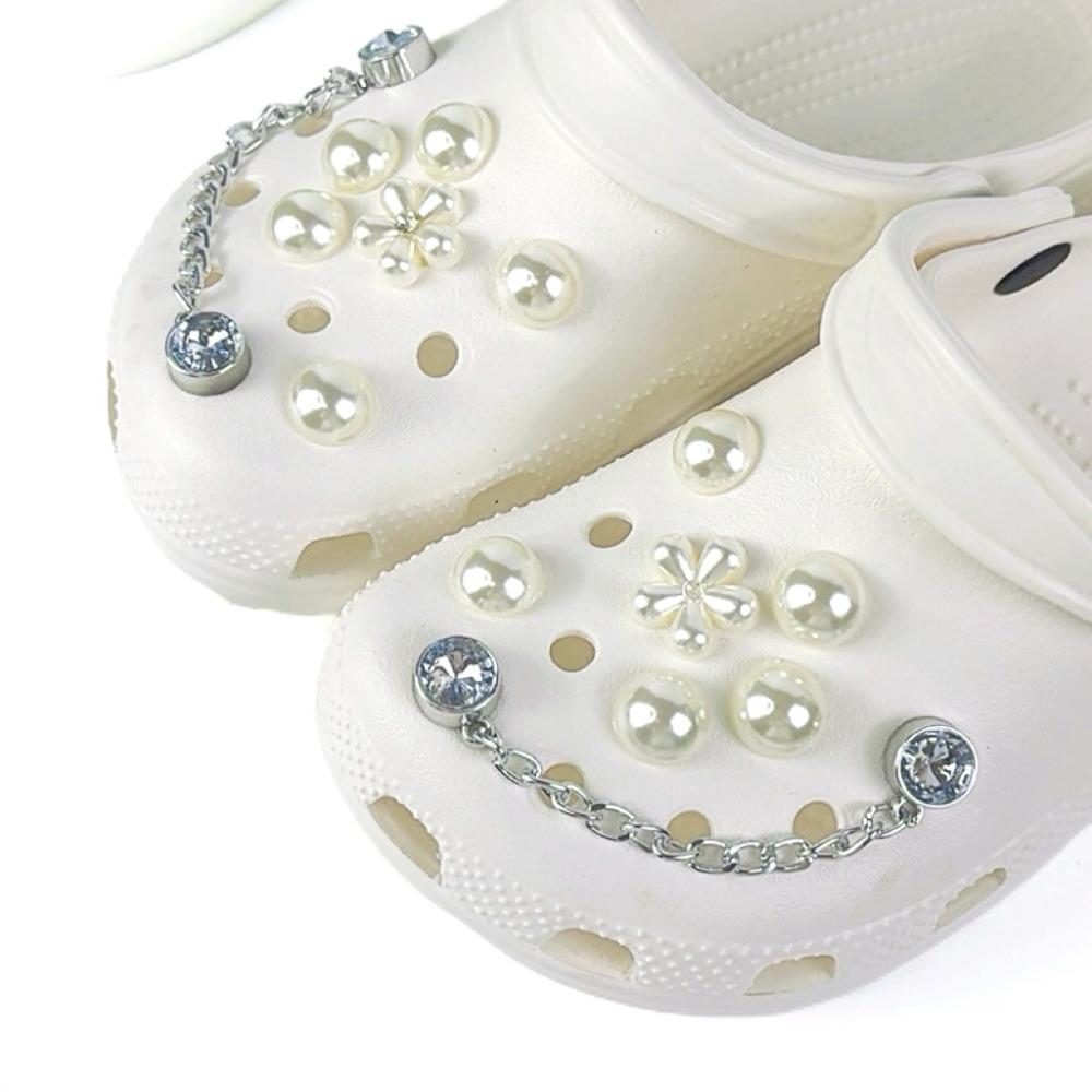 14PCS Fashion Shoe Charms for Clogs Set Accessories Hole Shoe Buckle Summer Pearl Flower Diamond Chain DIY Shoes Decorations