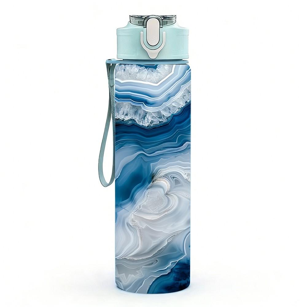 1PC Deep Blue White Gold Vein Marble Texture 750ml Color Plastic Sports Water Bottle Leakproof Flip Straw Lid Suitable for Sports Office Home Use