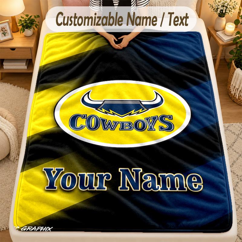 Flannel BlanketNorth Queensland Cowboys Custom Name Text Personalized Soft Warm Throw Blanket Home Decor Gift
