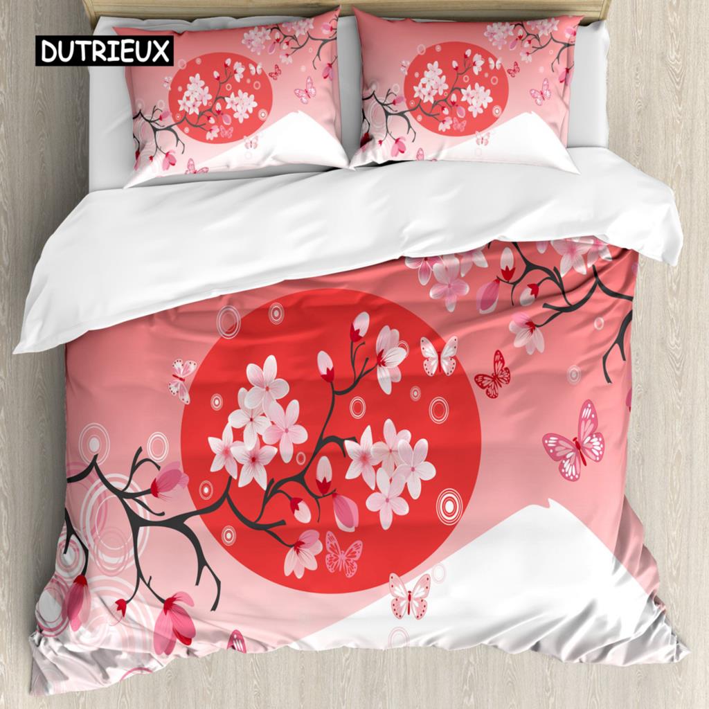 Japanese Duvet Cover Set Simplistic Cherry Blossom Tree Botanic Themed Pattern Fresh Organic Lines Bedding Set for Kids Girls