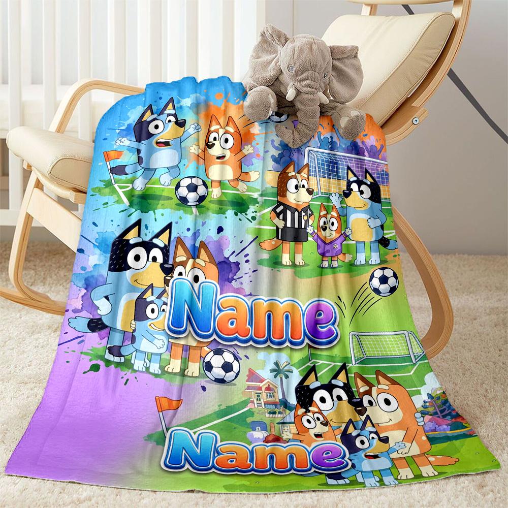 Bluey's Soccer Celebration Customize Your Name Blanket Lightweight Customizable Blanket Ultra-Soft Perfect for Couch Seaside Living Room Livingroom
