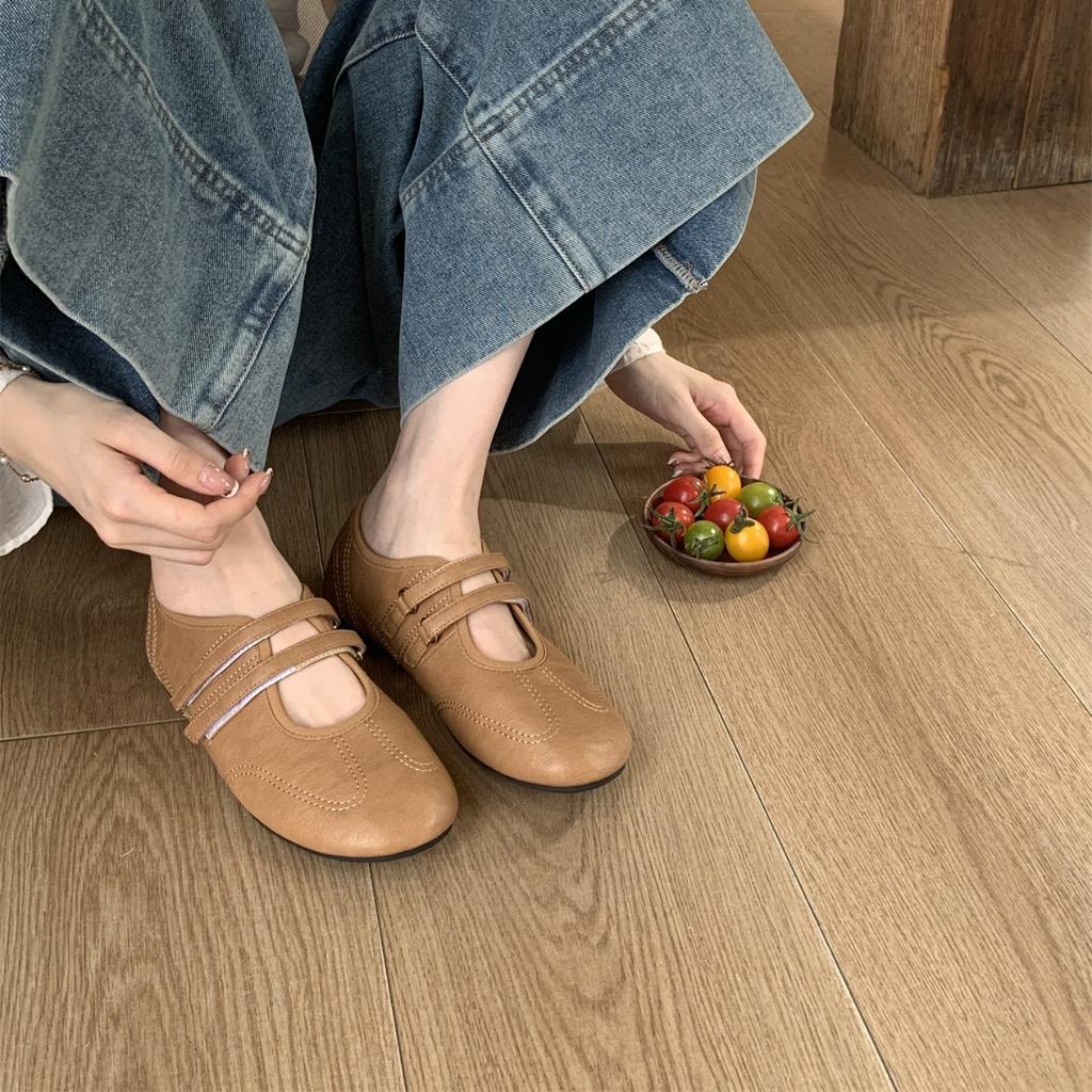 Korean version of round head 2025 autumn light mouth single shoes Velcro fashion versatile soft flat silver Mary Jane shoes ballet shoes