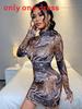 Streetwear Tropical Print Mini Bodycon Dress With Long Sleeves For Autumn 2024