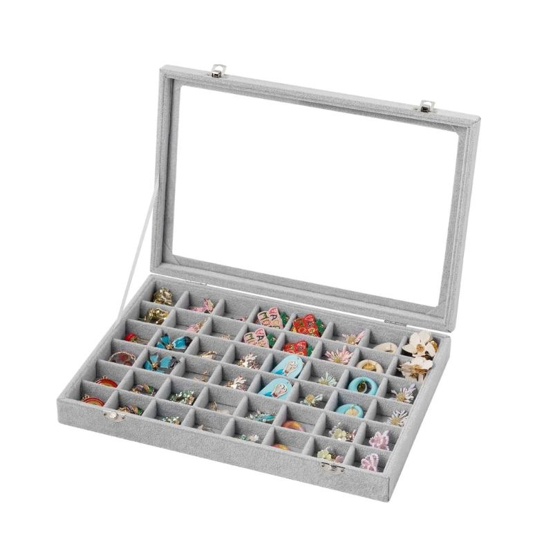 Soft-Lined Jewelry Storage Tray with 48 Sections, Adjustable Dividers, and Clear Cover for Dresser or Drawer Storage
