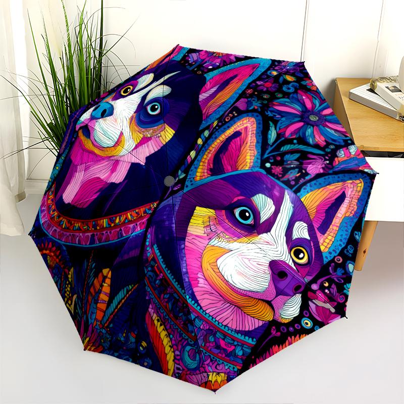 Colorful Husky pattern, automatic folding umbrella, portable and foldable design, 8 ribs, a Christmas or birthday gift.