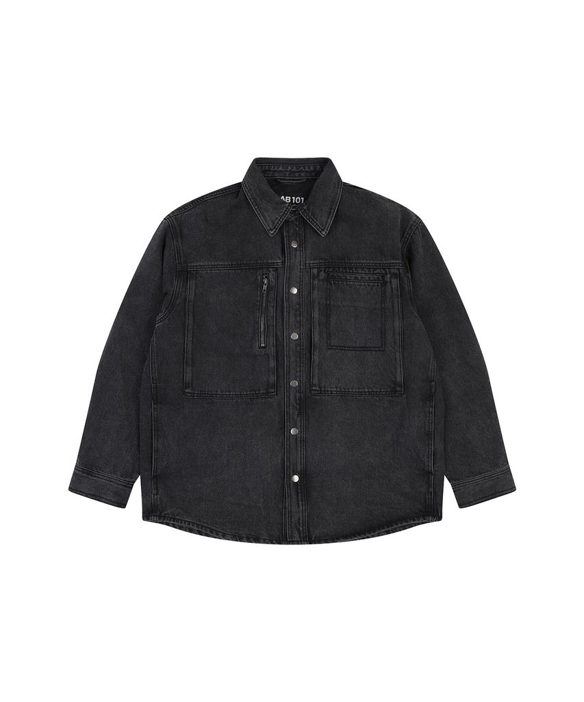 Lab101 Oversized Zipper Multi-Pocket Denim Jacket (Black)