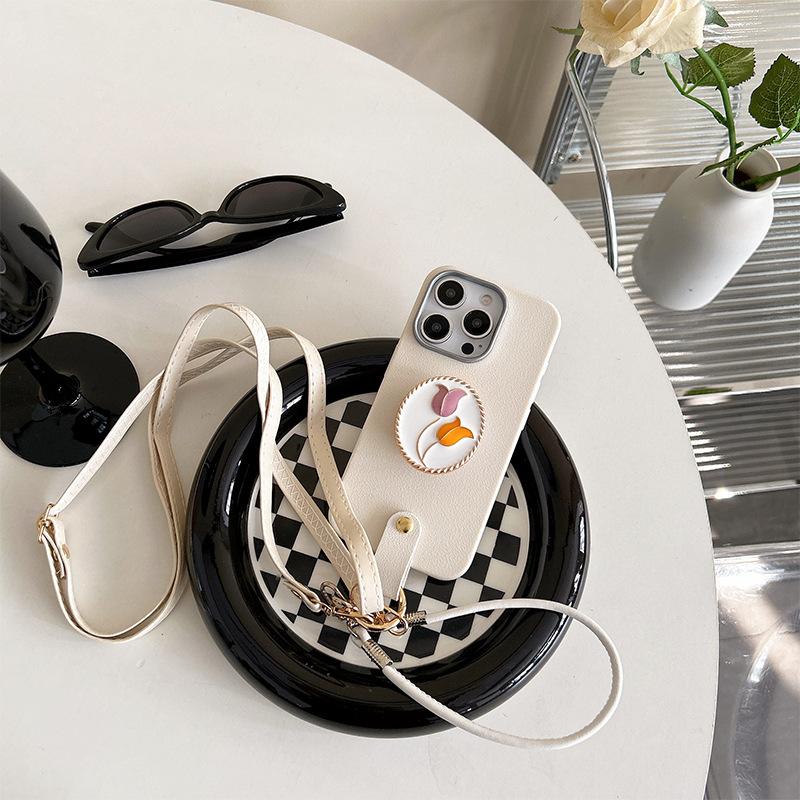 Metal Tulip Airbag Holder Mobile Phone Case For Iphone16 Messenger Rope Apple 15Promax Protective Case