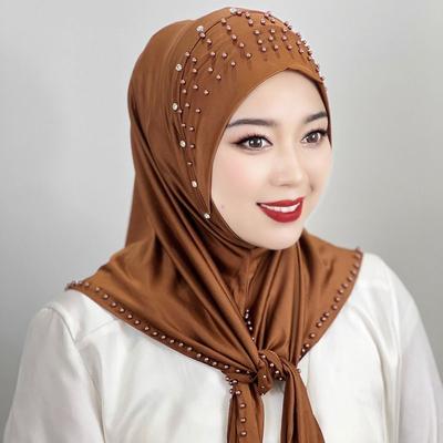 Bequemer Perlenbesetzter Muslimischer Hijab Einfarbig Vollständig Bedeckend Türkisches Kopftuch Schal Arabischer Hijab Hut