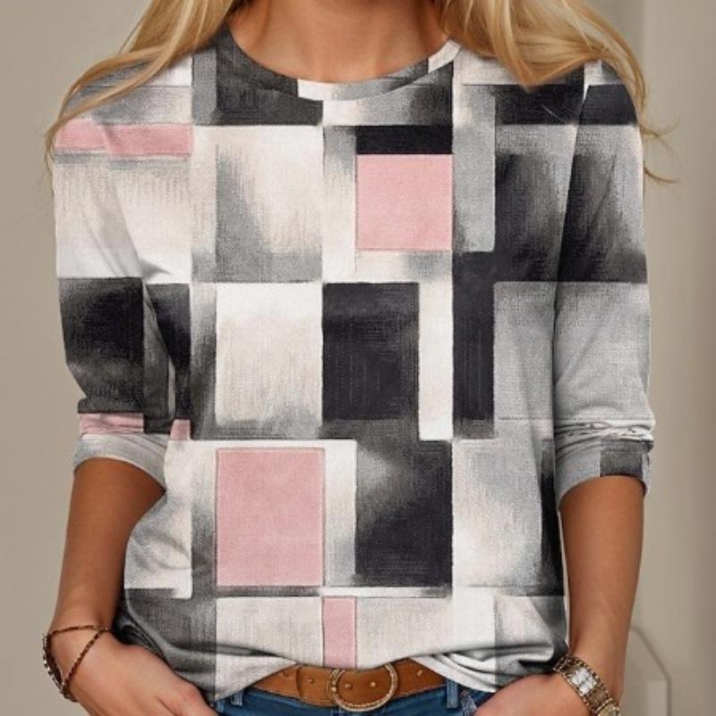 Women's Spring Autumn Square Pattern Totem Long Sleeve T-shirt Round Neck Slimming T-shirt Digital Printing Shirt
