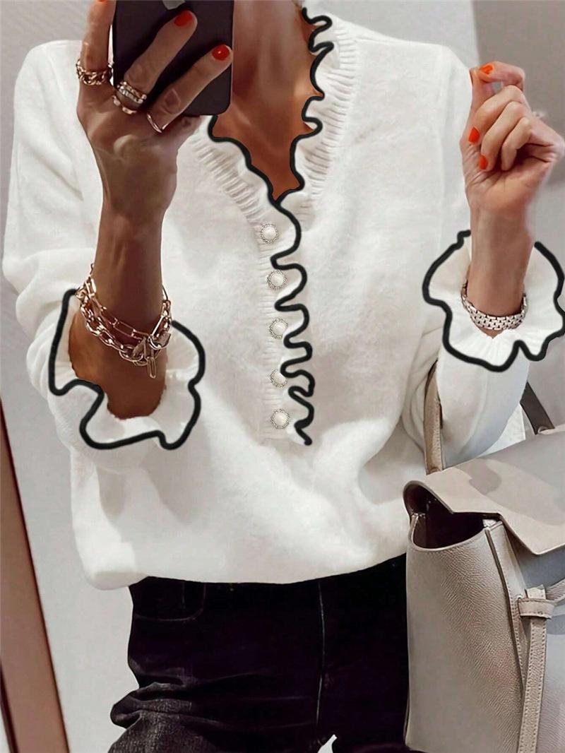 Women S Fashion Contrast Ruffle Pearl Button V Neck Long Sleeve Pullover Sweater S