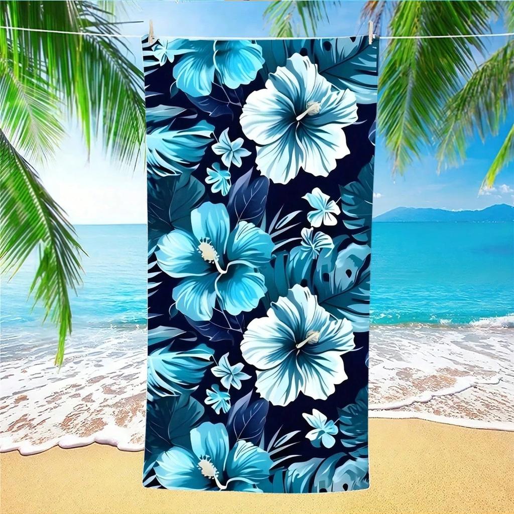 1pc Tropical Blue Hibiscus Flower Print Quick Dry Lightweight Breathable Comfortable Beach Towel for Summer Pool and Outdoor