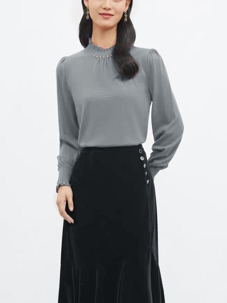 Elegant 2024 Autumn Women's Long Sleeve Wool Sweater - 100% Fine Wool Base Layer