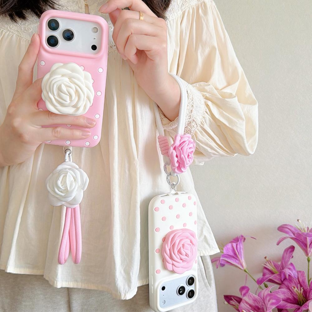 Fashion Rose Flower Folding Bracket Kickstand Polka Dots Silicone Wrist Strap Case for iPhone 17 16 15 14 13 Pro Max
