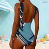 Women Plus Size High Round Neck Sleeveless Navy Blue Geometric Printed One Piece Swimsuit