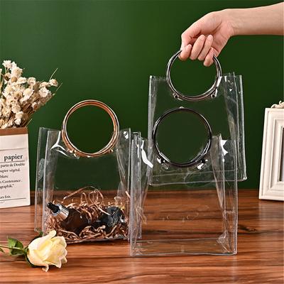 Transparent PVC Handbag with Metal Round Hand Outdoor Shopping Bags Flower Gift Candy Packaging Bag