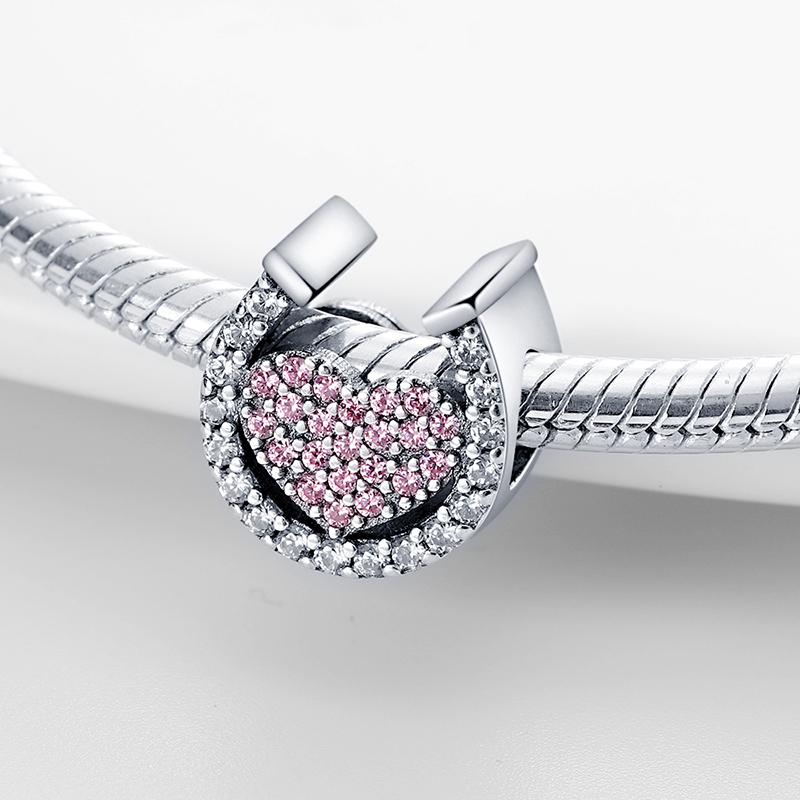 Charms Original Copper Plated Pink Horseshoe Heart Symbol Beads Fit Bracelet Diy Fine Gift Women Delicate Jewelry