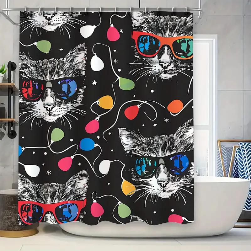 Black Shower Curtain With Funny Cat Design Waterproof Bathroom Decoration, Perfect For Home Decor! (36X72 Inches)