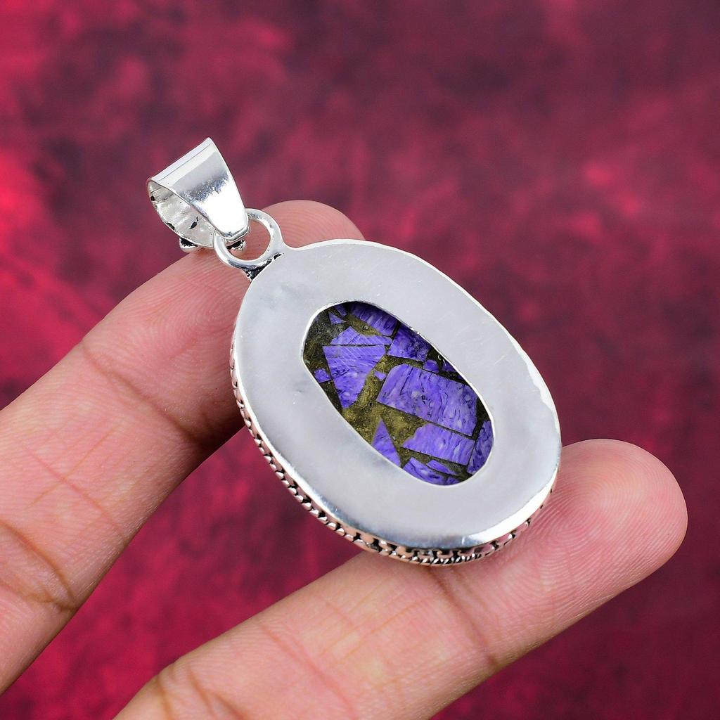 Kobber Charoite anheng edelstensmykker, 925 massivt sterlingsølv anheng, håndlaget gave til kone anhengsmykker